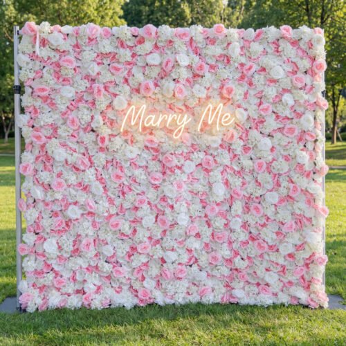 Roll Up Fabric Artificial Opera Mauve Pink and White Flower Wall Wedding Backdrop, Floral Party Decor, Event Photography-AX-025-2
