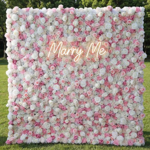 Roll Up Fabric Artificial Pink and White Flower Wall Wedding Backdrop, Floral Party Decor, Event Photography-AX-058