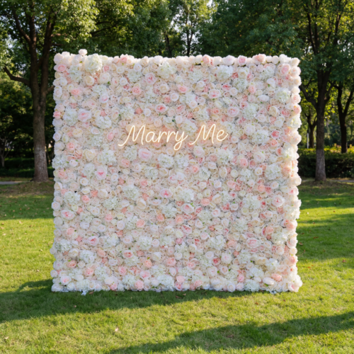 Roll Up Fabric Artificial Mixed White and Light Pink Rose Color Green Leaves Wall Wedding Backdrop, Floral Party Decor, Event Photography, Spa Decor-AX-090-2
