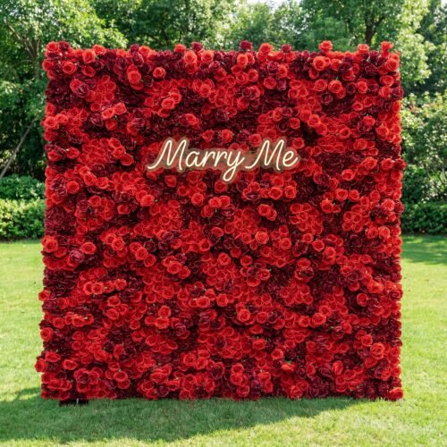 Roll Up Fabric Artificial Flower Wall Crimson Coronation: A Regal Array of Red Roses Radiating Romance and Reverence-AX-172