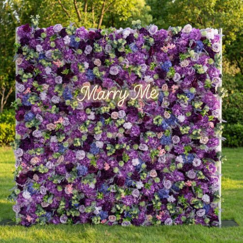Roll Up Fabric Artificial Purple Flower Wall Wedding Backdrop, Floral Party Decor, Event Photography-AX-192
