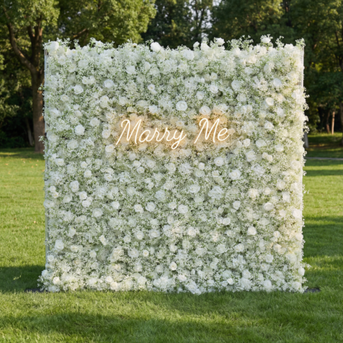 Artificial Floral Wall Backdrop: Serene Meadows Artificial Floral Wall Backdrop: White Rose & Baby's Breath Edition-AX-268-2