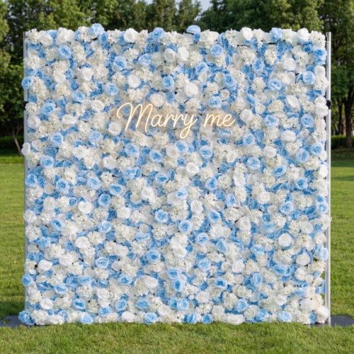 Roll Up Fabric Artificial Flower Baby Blue and White Wall Wedding Backdrop, Floral Party Decor, Event Photography-AX-025