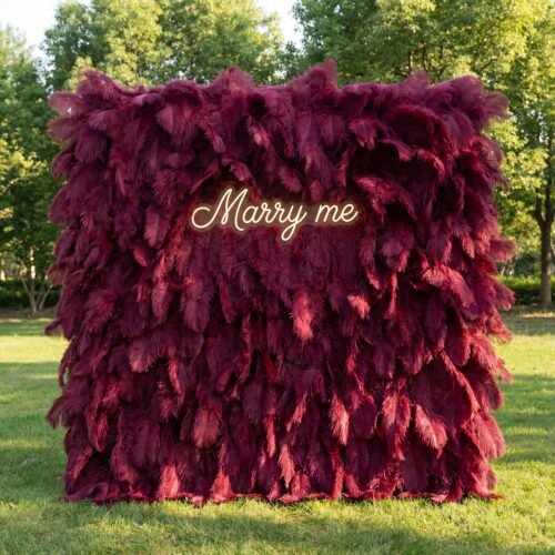 Burgundy Red Ostrich Feather Wall Backdrop - Roll-Up Fabric Wall - Bridal Party Decor - Wedding Venues Celebration Floral Wall-AX-964-5