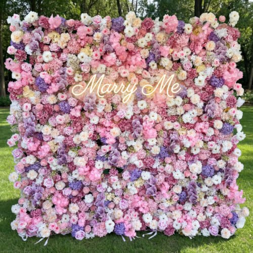 5D Roll Up Flower Wall – Pink & Purple Wedding Backdrop for Event Decor, Photography & Rentals AX-822