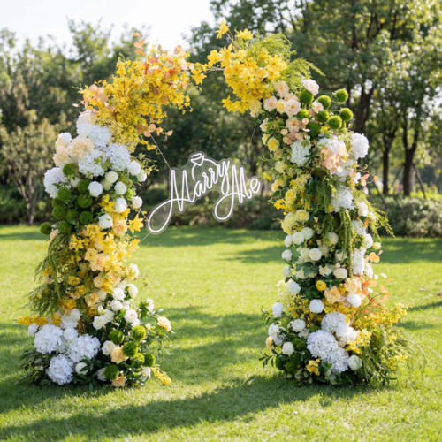 Elegant Moon Shape Wedding Ceremony Floral Horn Arch - Artificial Flower Arch for Weddings, Events, and Special Occasions AX-313