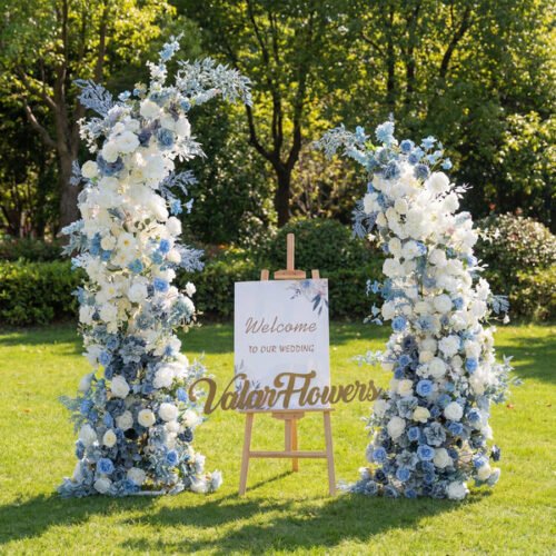 Light Blue Theme Elegant Moon Shape Wedding Ceremony Floral Horn Arch - Artificial Flower Arch for Weddings, Events, and Special Occasions AX-301