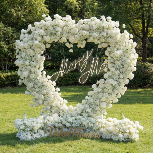 Flower Heart-Shaped White Rose Floral Arch | Romantic Wedding & Proposal Backdrop for Permanent Event Decor AX-406