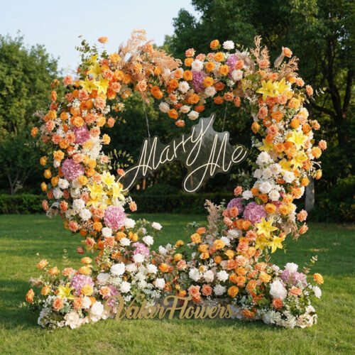 Flower Heart-Shaped Sunset Floral Arch | Orange, Yellow & Blush Proposal Backdrop for Wedding & Outdoor Events AX-407