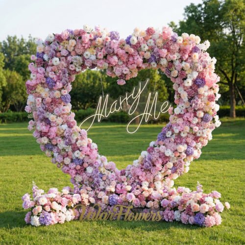 Flower Heart-Shaped Pink & Lavender Floral Arch | Romantic Garden Wedding Backdrop for Proposals & Outdoor Ceremonies AX-408