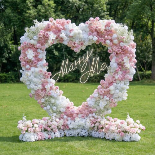Flower Heart-Shaped White & Blush Pink Floral Arch | Elegant Wedding Ceremony Backdrop for Outdoor Proposals AX-409