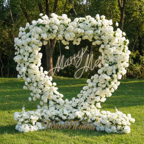 Flower Heart-Shaped All-White Rose Arch | Minimalist Wedding Backdrop for Outdoor Ceremonies & Proposals AX-410