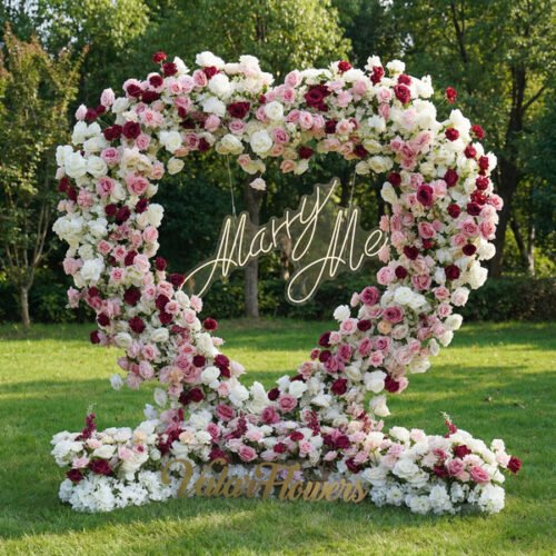Flower Heart-Shaped Burgundy & Blush Rose Arch | Romantic Proposal & Wedding Backdrop for Autumn & Evening Events AX-411