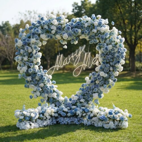 Flower Heart-Shaped Blue & White Rose Arch | Elegant Proposal Backdrop for Seaside & Garden Weddings AX412
