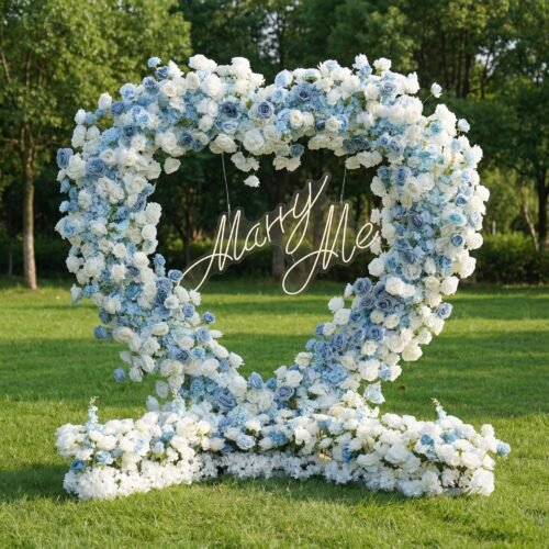 Flower Heart-Shaped Glacier Blue & White Rose Arch | Elegant Proposal Backdrop for Outdoor Weddings AX-413