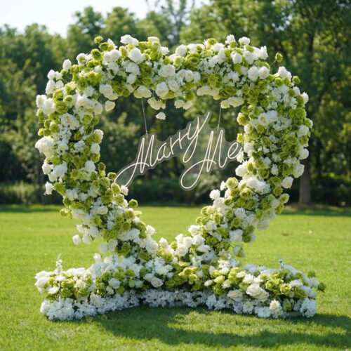 Flower Heart-Shaped Green & White Rose Arch | Garden Wedding & Proposal Backdrop for Spring Events AX-414