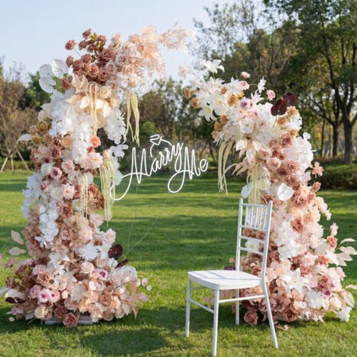 Coffee Brown Theme Elegant Moon Shape Wedding Ceremony Floral Horn Arch - Artificial Flower Arch for Weddings, Events, and Special Occasions AX-303