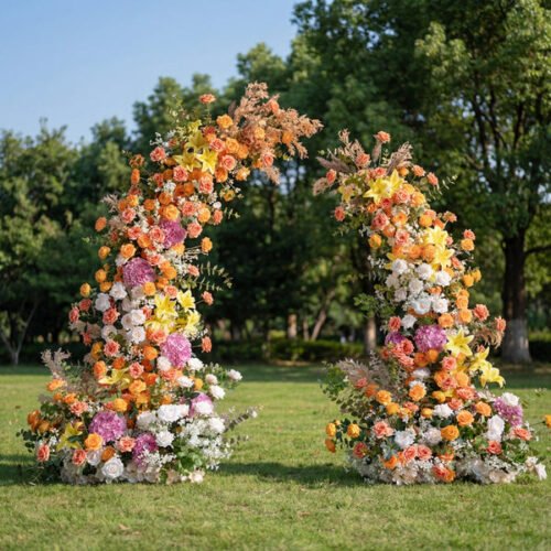 Orange Color Scheme Elegant Moon Shape Wedding Ceremony Floral Horn Arch - Artificial Flower Arch for Weddings, Events, and Special Occasions AX-305