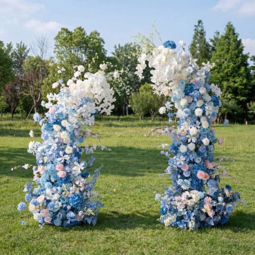 Blue-Pink Theme Elegant Moon Shape Wedding Ceremony Floral Horn Arch - Artificial Flower Arch for Weddings, Events, and Special Occasions AX-309