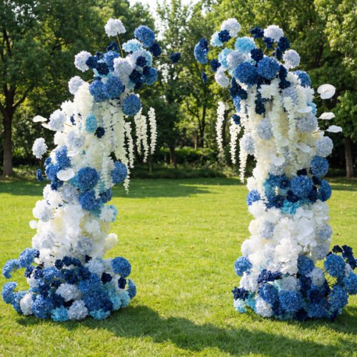 Blue Elegant Moon Shape Wedding Ceremony Floral Horn Arch - Artificial Flower Arch for Weddings, Events, and Special Occasions AX-312