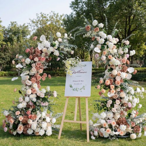 European Style Coffee-Colored Elegant Moon Shape Wedding Ceremony Floral Horn Arch - Artificial Flower Arch for Weddings, Events, and Special Occasions AX-316