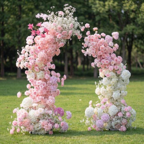 Pastel Pink & White Horn Arch, Artificial Floral Backdrop, Romantic Wedding Ceremony Decor, Elegant Event Photography Prop AX-335