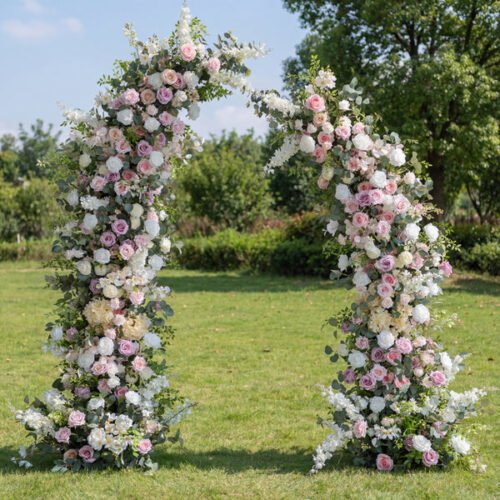 Greenery & Pastel Horn Arch, Artificial Floral Backdrop, Romantic Wedding Ceremony Decor, Elegant Event Photography Prop AX-340