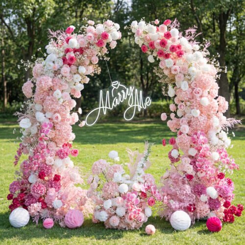 nanobanana-cmifczgwe2663jrfkpzznxxrg-0 Romantic Pink Horn Arch, Artificial Floral Backdrop, Proposal & Wedding Ceremony Decor, Elegant Event Photography Prop AX-341