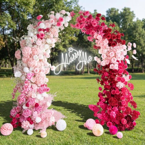 Ombre Pink Horn Arch, Artificial Floral Backdrop, Romantic Proposal & Wedding Ceremony Decor, Elegant Event Photography Prop AX-342