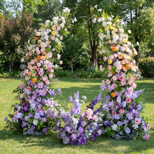 Pastel Bloom Horn Arch, Artificial Floral Backdrop, Elegant Wedding Ceremony Decor, Vibrant Event Photography Prop AX-344
