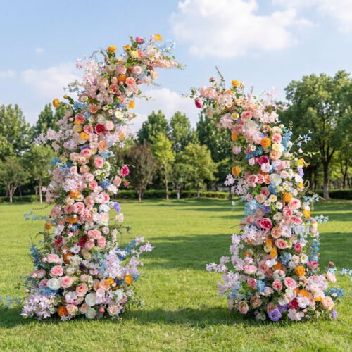 nanobanana-cmifd4gpa26aljrfksbwgxksv-0 Spring Pastel Horn Arch, Artificial Floral Backdrop, Whimsical Wedding Ceremony Decor, Vibrant Event Photography Prop AX-345