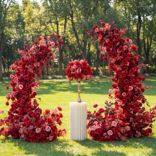 Crimson Rose Horn Arch, Artificial Floral Backdrop, Luxurious Wedding Ceremony Decor, Romantic Event Photography Prop AX-350