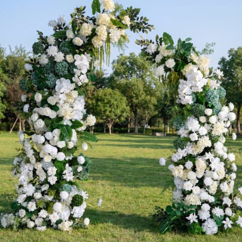 Forest-Inspired Green White Wedding Arch – Elegant Faux Flower Ceremony Archway AX-370