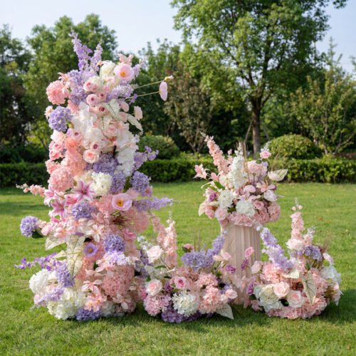 Sweet Pinkish-Purple Elegant Moon Shape Wedding Ceremony Floral Horn Arch - Artificial Flower Arch for Weddings, Events, and Special Occasions AX-304