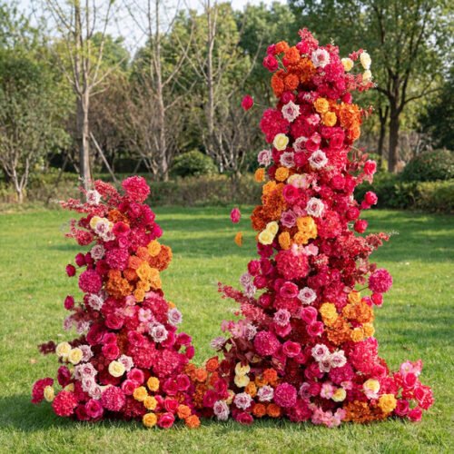 nanobanana-cmifek4zm27sdjrfkb2nrdgcp-0 Vivid Red and Yellow Artificial Floral Arrangement – Wall Backdrop for Wedding or Event AX-371