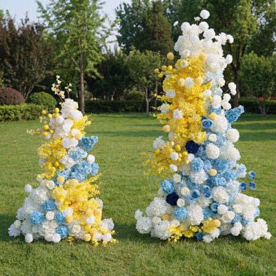 Modern Color Block Faux Floral Columns – Bright Yellow and Blue Flower Pillars for Stylish Wedding Decor AX-358