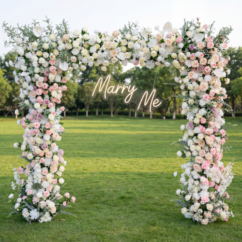Cream White and Pink Artificial Flower Arch – Wedding Ceremony Backdrop with Faux Roses and Hydrangeas AX-369