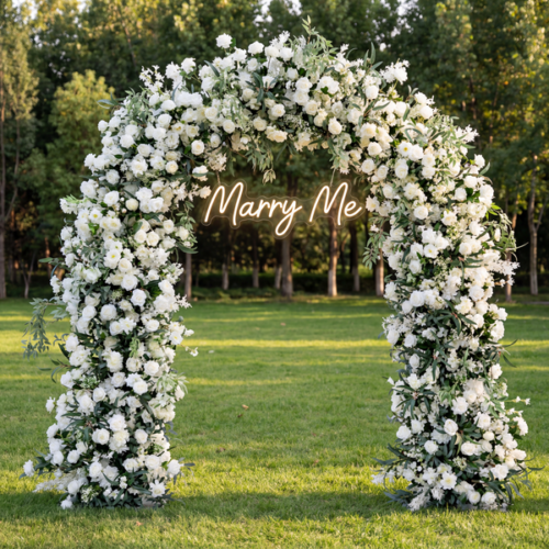 Flower White Floral Wedding Arch with Greenery – Faux Rose Arch for Outdoor Ceremony & Proposal AX-391