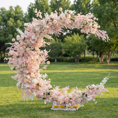 Romantic Crescent Wedding Arch, Artificial Floral Backdrop, Elegant Ceremony Decor & Event Display AX-319