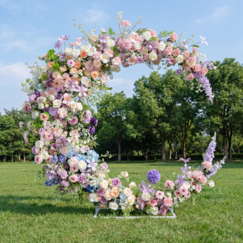 Whimsical Pastel Crescent Wedding Arch, Artificial Floral Backdrop, Romantic Ceremony Decor & Event Display AX-320
