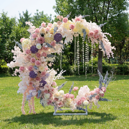 Dreamy Pastel Crescent Wedding Arch, Artificial Floral Backdrop, Elegant Ceremony Decor & Event Display AX-321