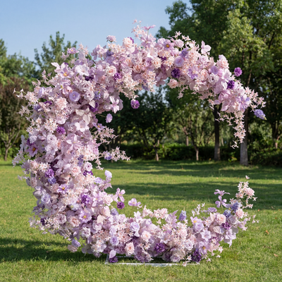 Pastel Purple Moonshape Arch with Silk Flowers, Romantic Faux Floral Installation for Special Occasions AX-355